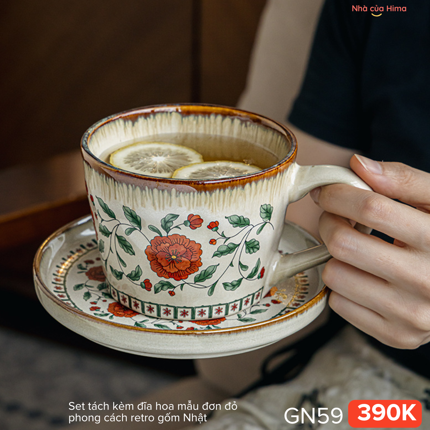 Set tách kèm đĩa hoa mẫu đơn đỏ phong cách retro gốm Nhật T5.501