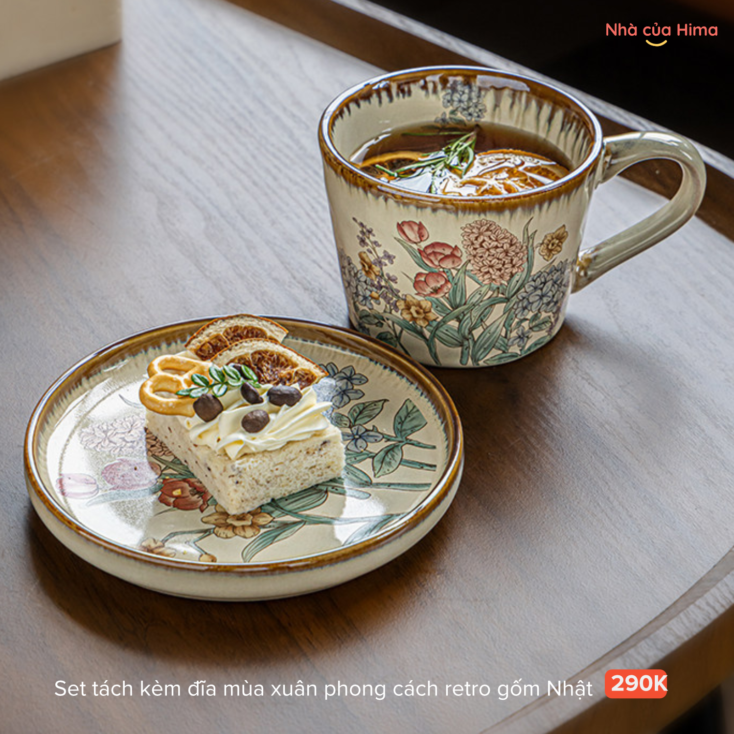 Set tách kèm đĩa mùa xuân phong cách retro gốm Nhật T6.031