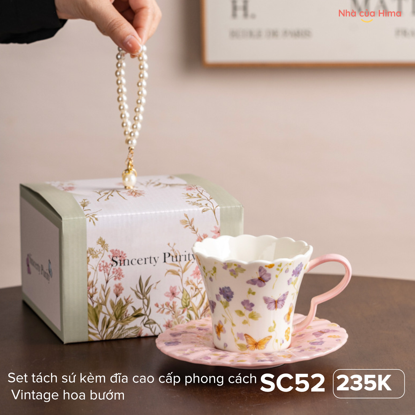 Set tách sứ kèm đĩa cao cấp phong cách Vintage hoa bướm SC52
