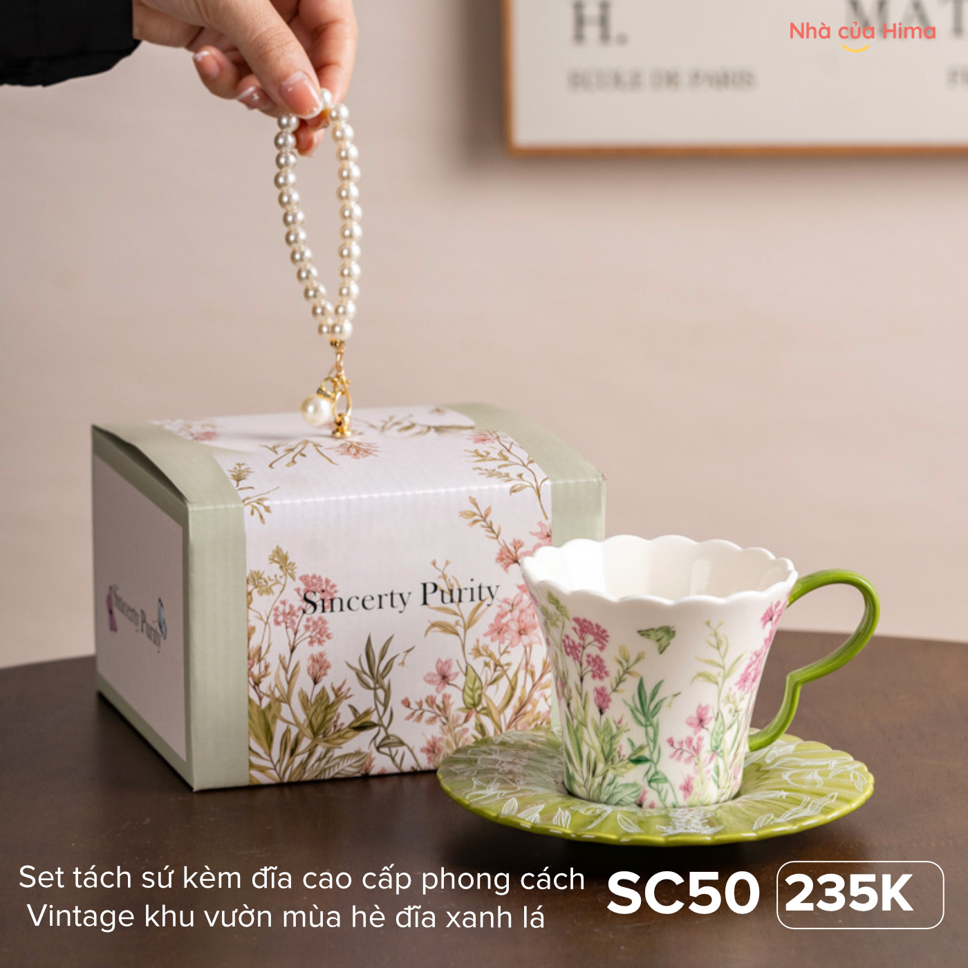 Set tách sứ kèm đĩa cao cấp phong cách Vintage khu vườn mùa hè đĩa xanh lá SC50
