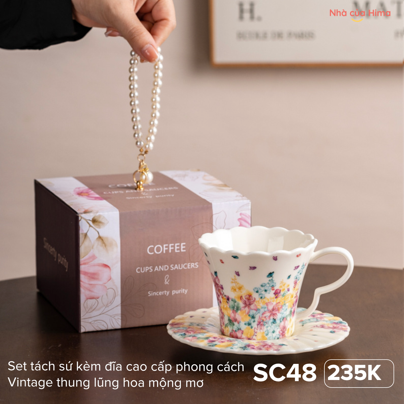 Set tách sứ kèm đĩa cao cấp phong cách Vintage thung lũng hoa mộng mơ SC48