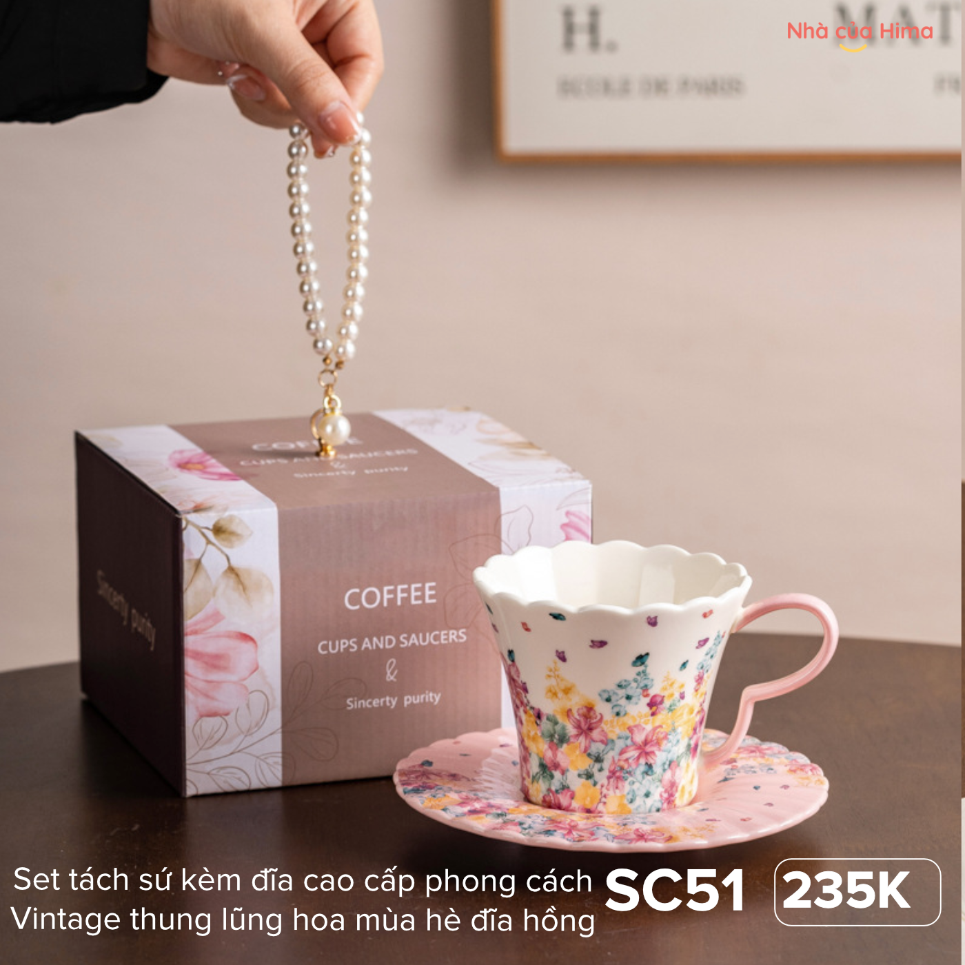 Set tách sứ kèm đĩa cao cấp phong cách Vintage thung lũng hoa mùa hè đĩa hồng SC51