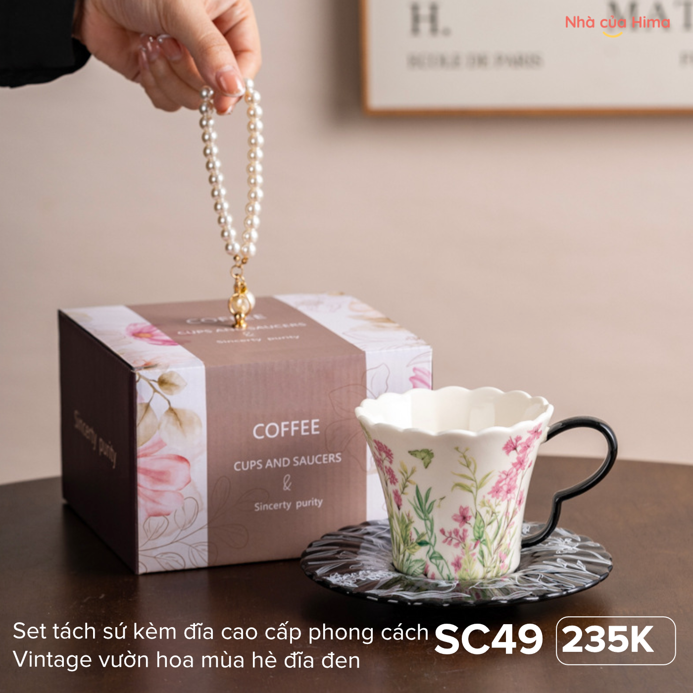 Set tách sứ kèm đĩa cao cấp phong cách Vintage vườn hoa mùa hè đĩa đen SC49