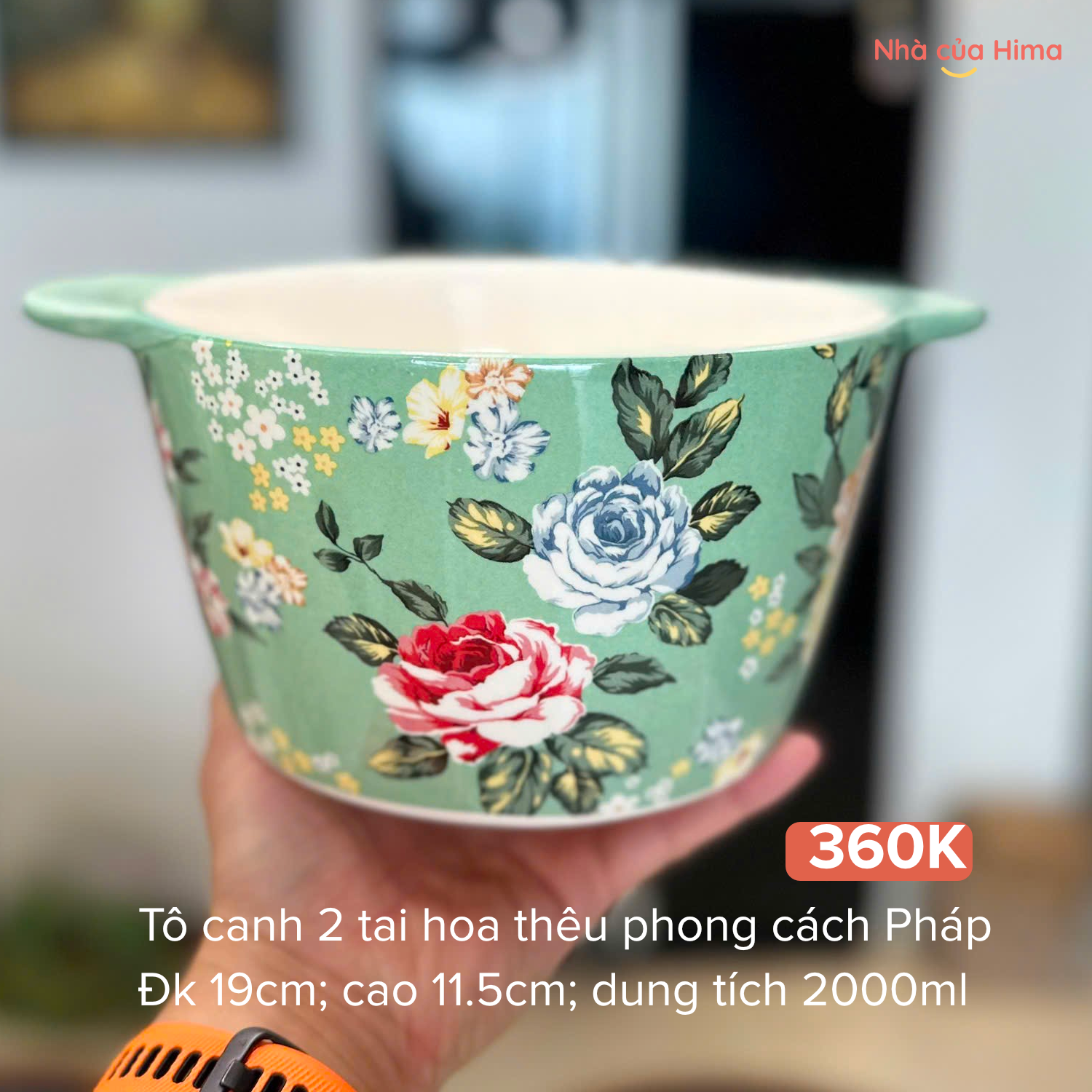 Tô canh 2 tai hoa thêu OMK phong cách Pháp đk 19cm; cao 11.5cm; 2000ml