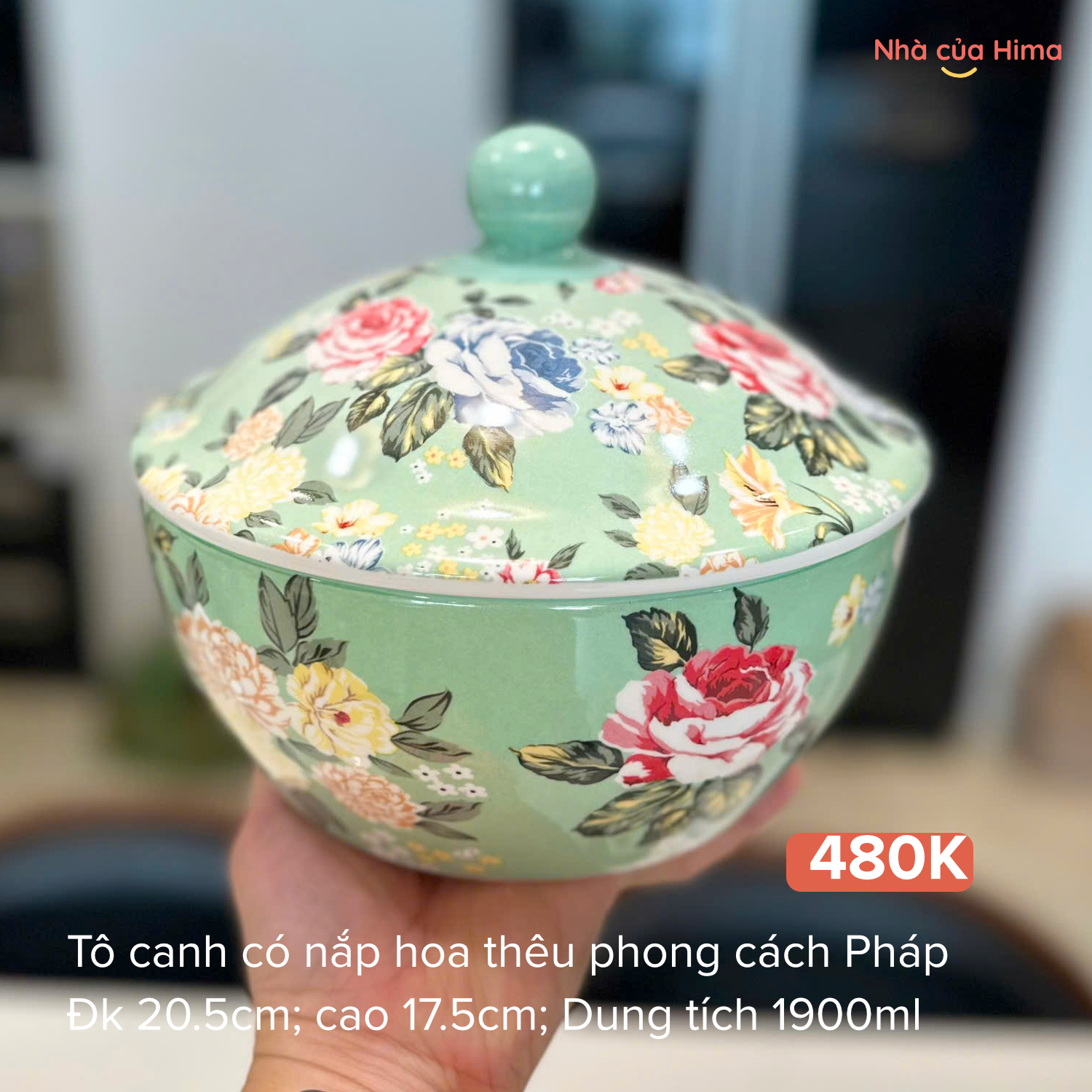 Tô canh có nắp hoa thêu OMK phong cách Pháp size 8inch đk 20.5cm; cao 17.5cm, dung tích 1900ml