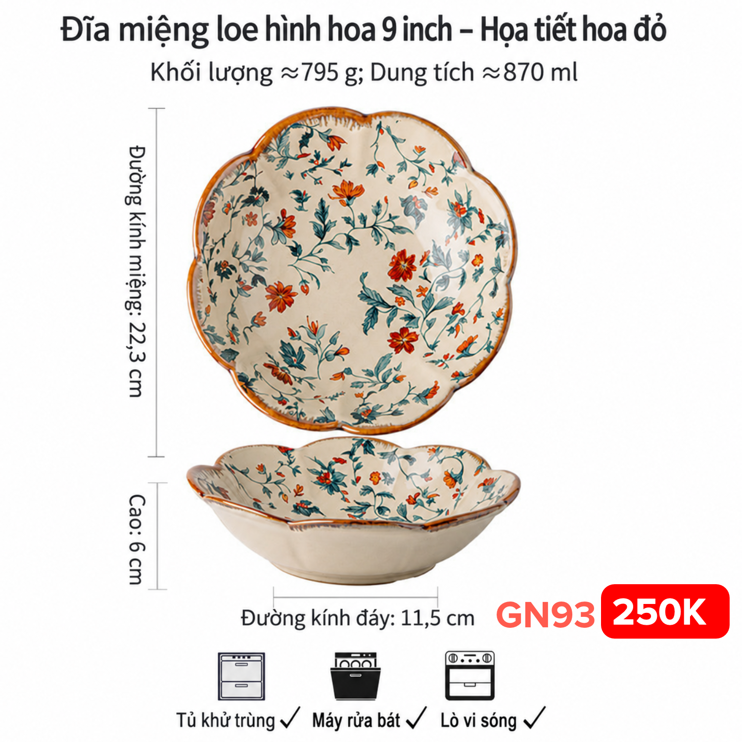 Tô hình hoa hoạ tiết dây leo gốm Nhật sz 9inch phong cách retro 22.3*6cm*11.5 *870ml 28.W39