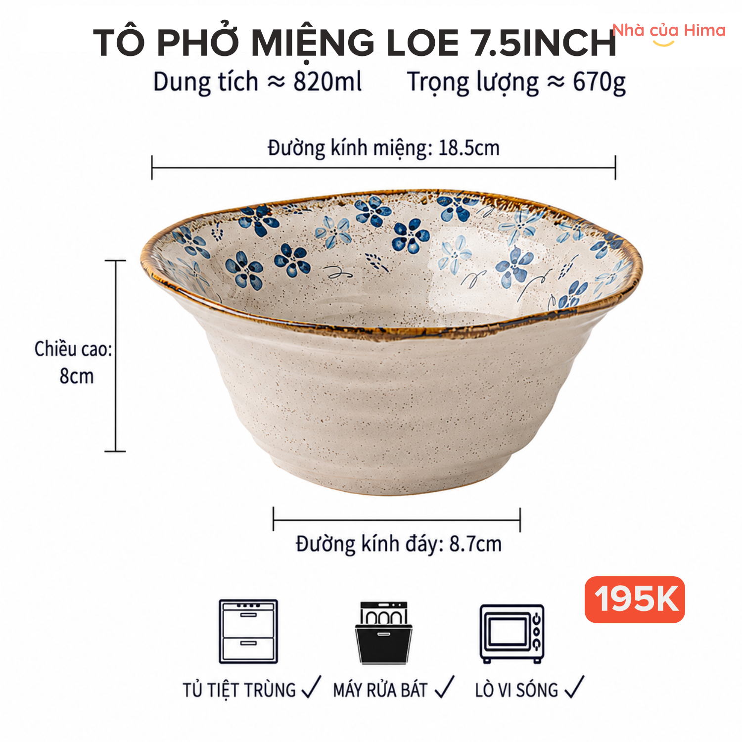 Tô phở miệng loe 7.5 inch - 820ml hoa thanh lam gốm Nhật 13.W50
