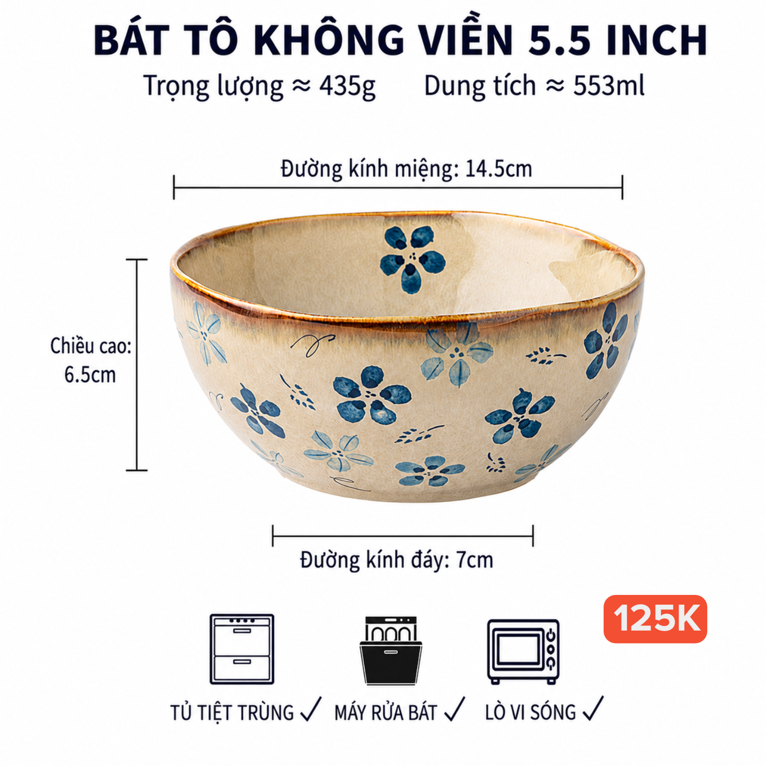 Tô mì 5.5 inch - 553ml hoa thanh lam gốm Nhật 14.W24