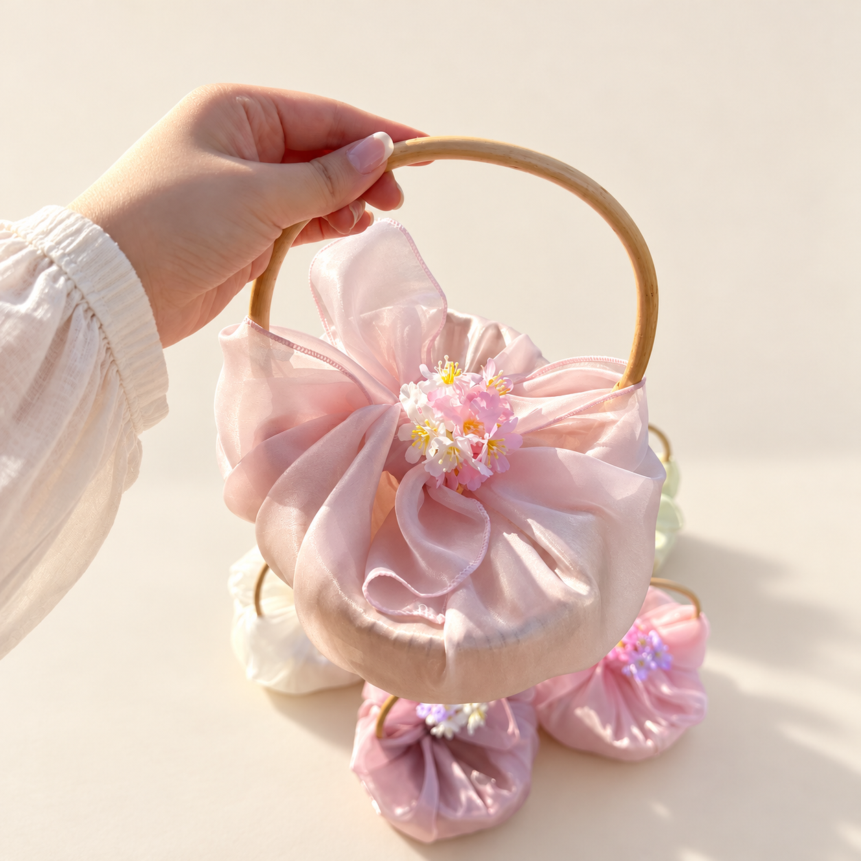 Vải lụa satain gói quà màu hồng pastel 70*70cm