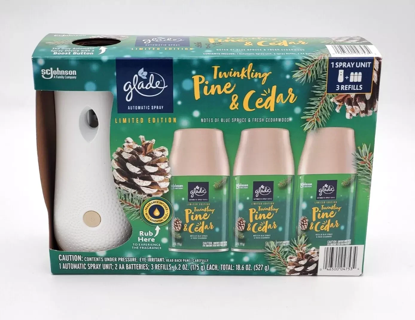 Bộ Máy Xịt Thơm Tự Động Glade Automatic Spray Limited Edition – Hương Twinkling Pine & Cedar (1 Máy + 3 Lõi Xịt)