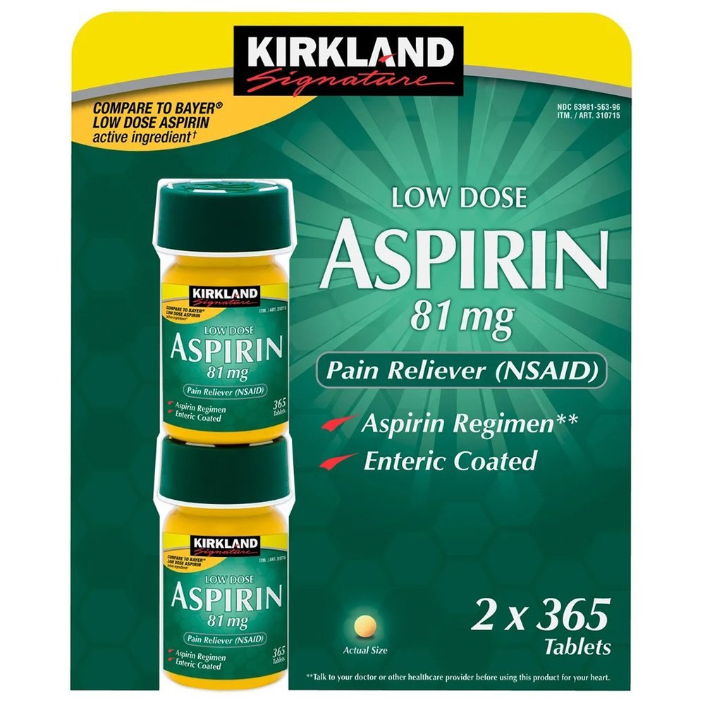 Viên Uống Kirkland Signature Low Dose Aspirin 81 mg, Hỗ Trợ Giảm Đau - Set 2 Hộp * 365 Viên