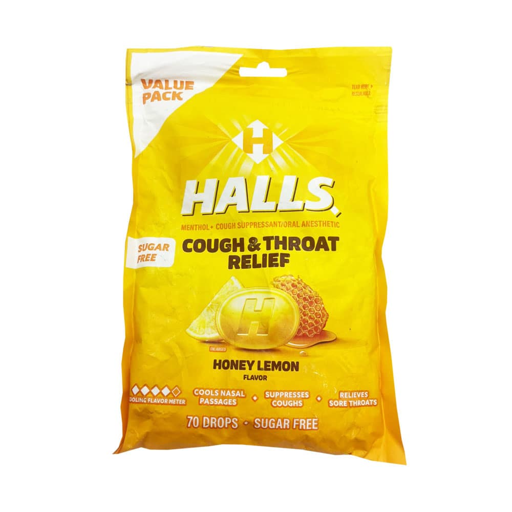 Kẹo Ngậm Giảm Ho & Đau Họng Halls Cough & Throat Relief Sugar Free - Vị Chanh Mật Ong (70 Viên)