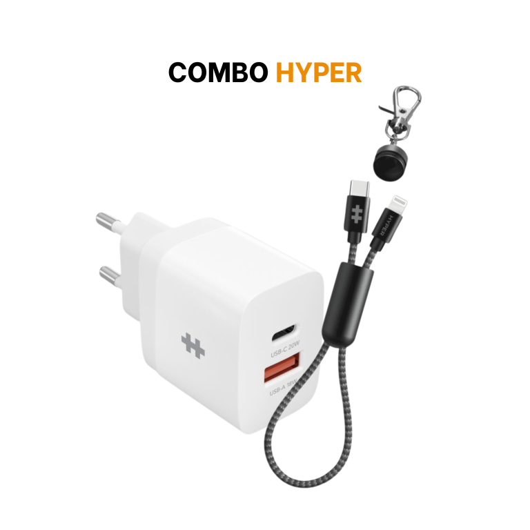 COMBO SẠC NHANH IPHONE HYPERJUICE 2 CỔNG 20W CHARGER VÀ CÁP IPHONE C TO LIGHTNING 20/30W HYPERDRIVE KEYCHAIN 0.2M MFI IPHONE/IPAD