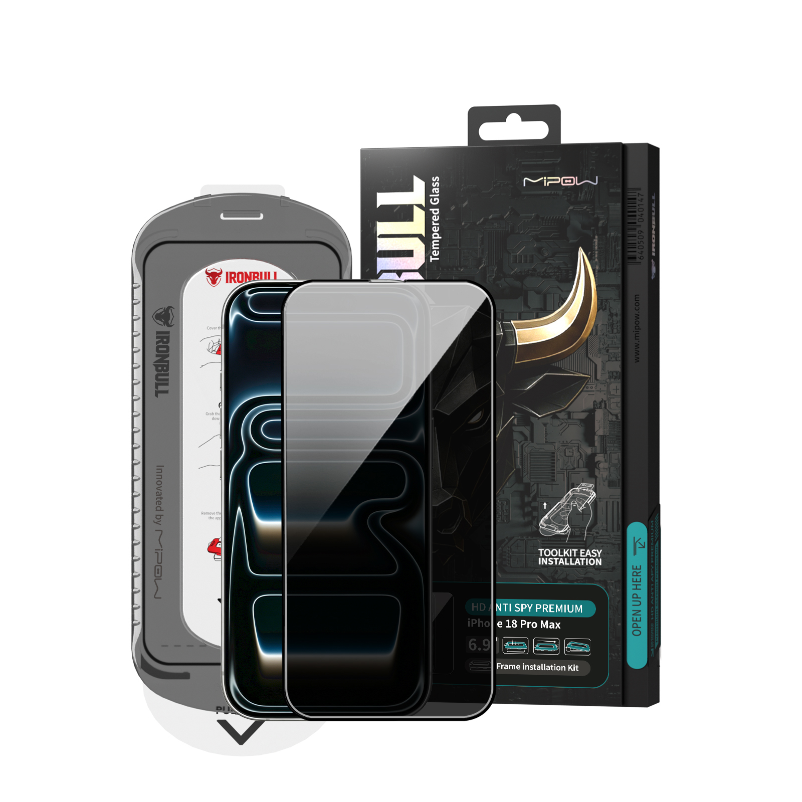 Kính Cường Lực Chống Nhìn Trộm iPhone 18 Pro Max / 17 Pro Max 6.9” 2026 MIPOW IRONBULL HD Anti-Spy Silk Premium Tool Kit & Frame Camera Cover