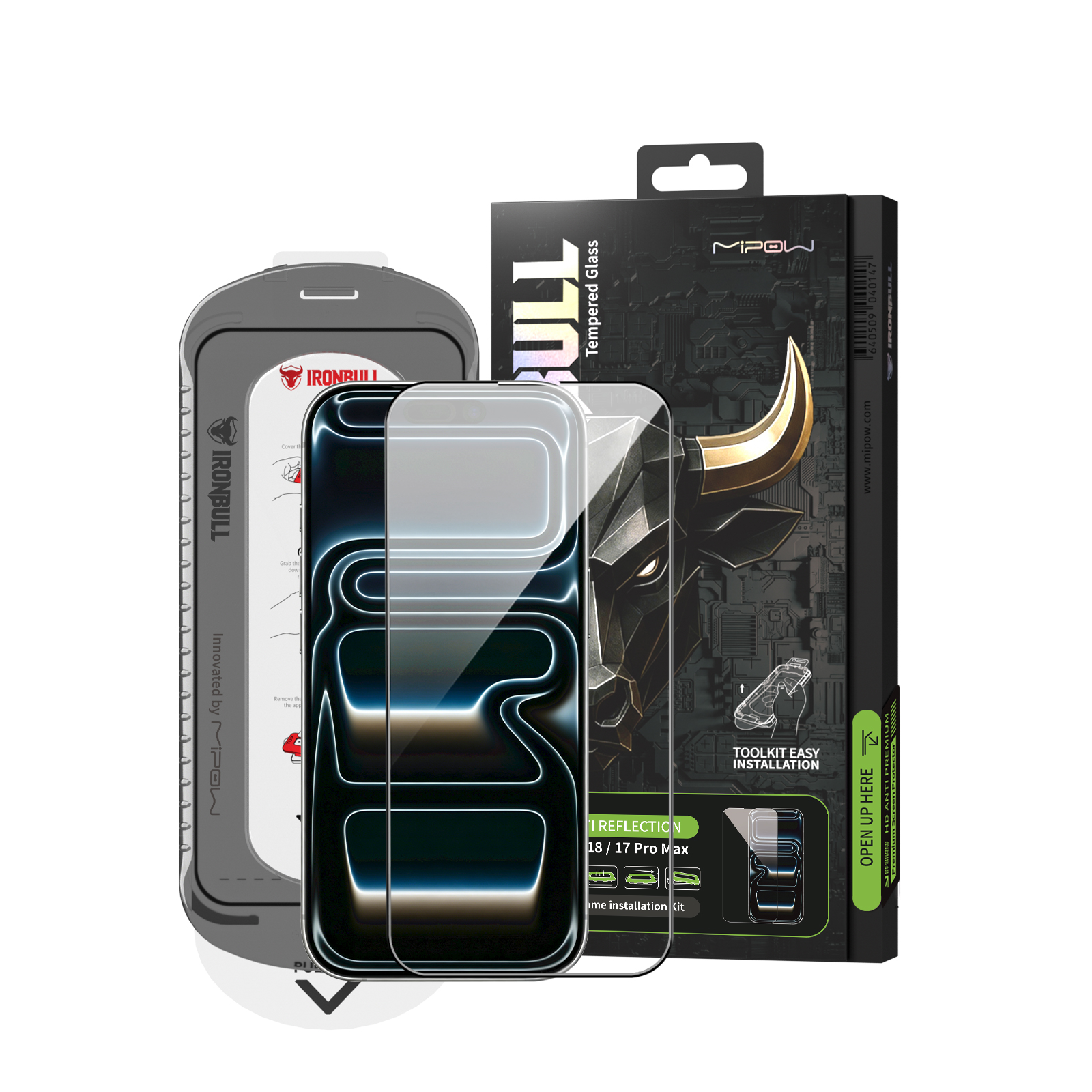 Kính Cường Lực Chống Phản Quang iPhone 18 Pro Max / 17 Pro Max 6.9” 2026 MIPOW IRONBULL HD Anti-Reflection Silk Tool Kit & Frame Camera Cover