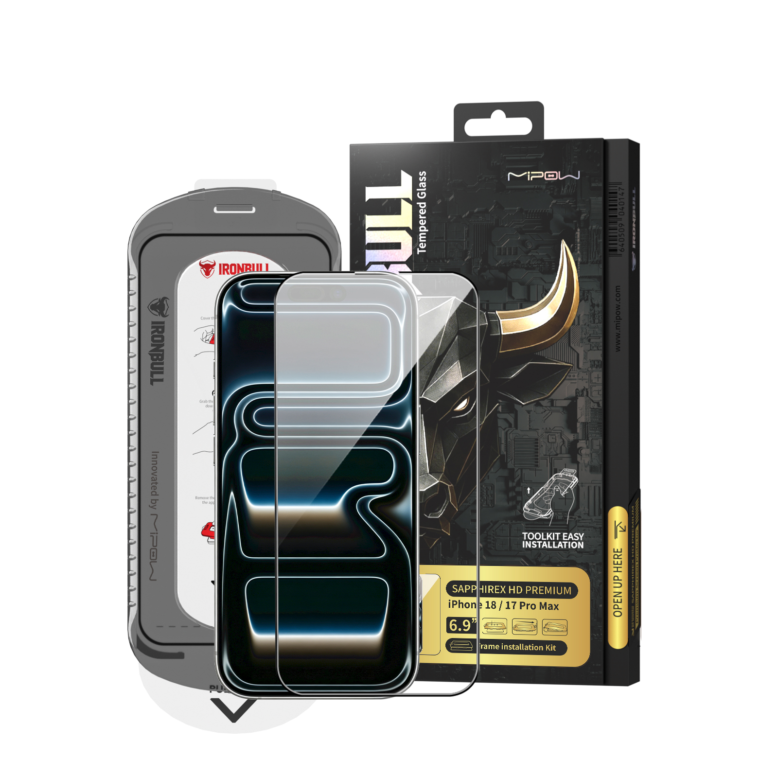 Kính Cường Lực Sapphire iPhone 18 Pro Max 6.9” 2026 MIPOW IRONBULL SapphirEX HD Premium Tool Kit & Frame Camera Cover