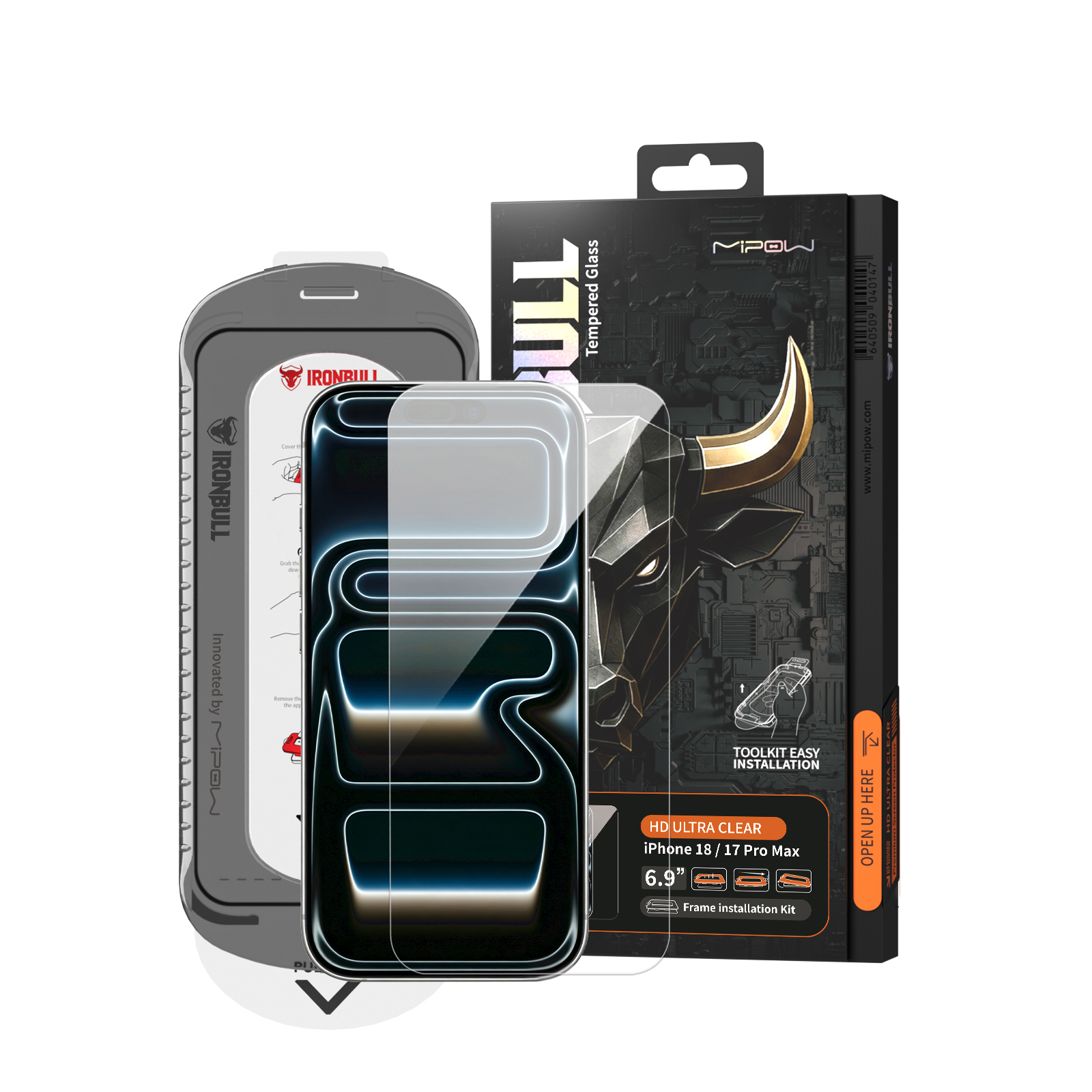 Kính Cường Lực iPhone 18 Pro / 17 Pro 6.3” 2026 MIPOW IRONBULL HD Ultra Clear Tool Kit & Frame Camera Cover (Không Viền)