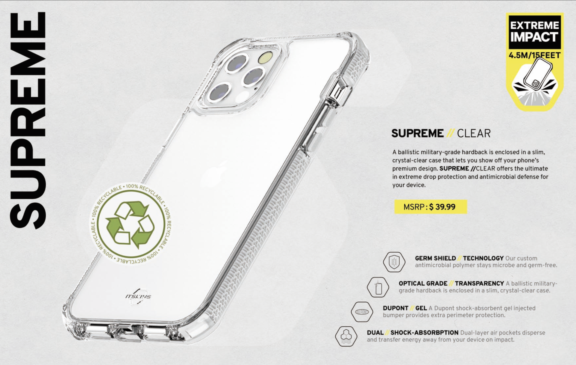 ỐP LƯNG KHÁNG KHUẨN VÀ CHỐNG SỐC QUÂN SỰ ITSKINS (PHÁP) SUPREME CLEAR DROP SAFE 4.5M/15FT IPHONE 13 PRO AP2X-SUPIC