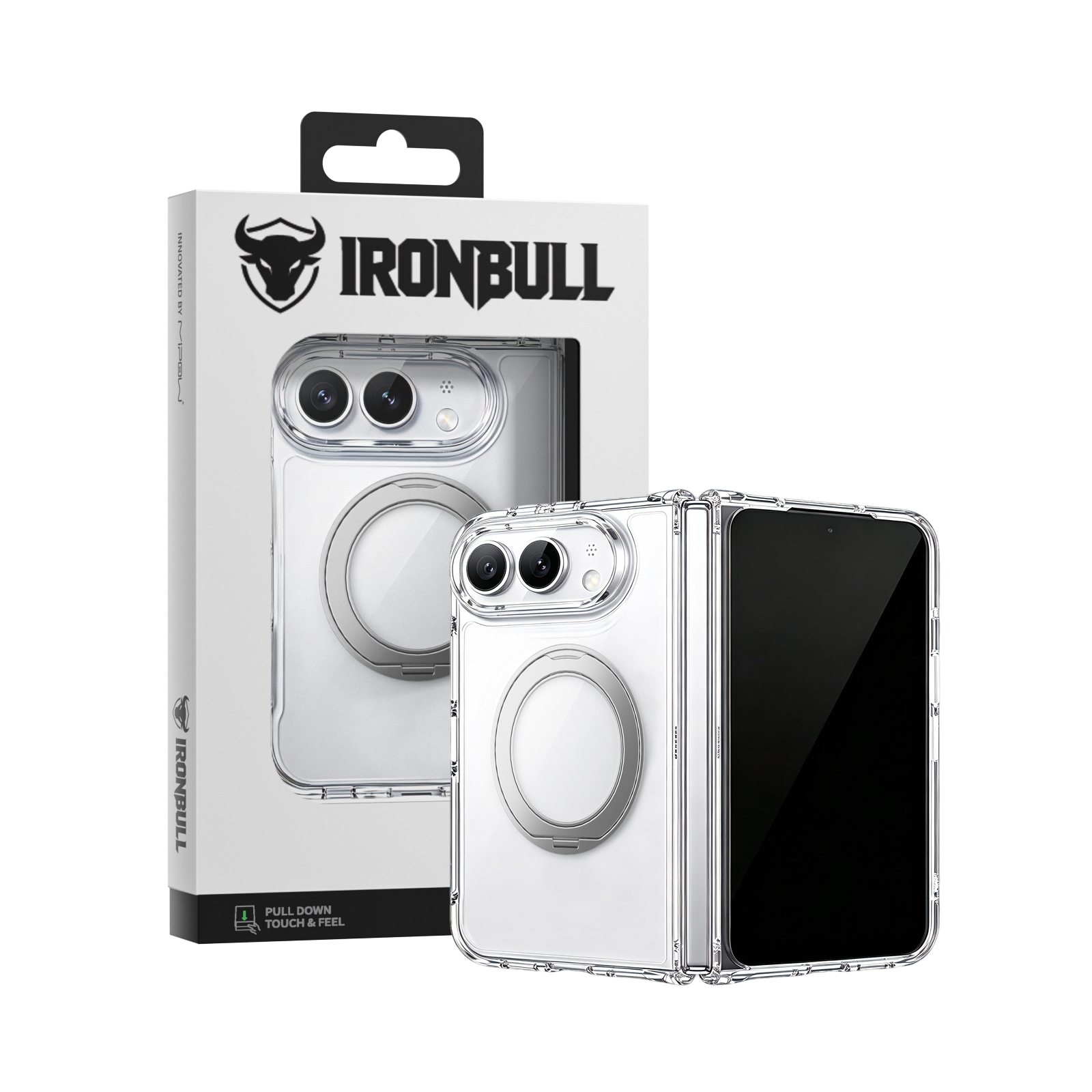 Ốp lưng Magsafe iPhone Duo 2026 MIPOW IRONBULL Tempered Glass Stand Transparent