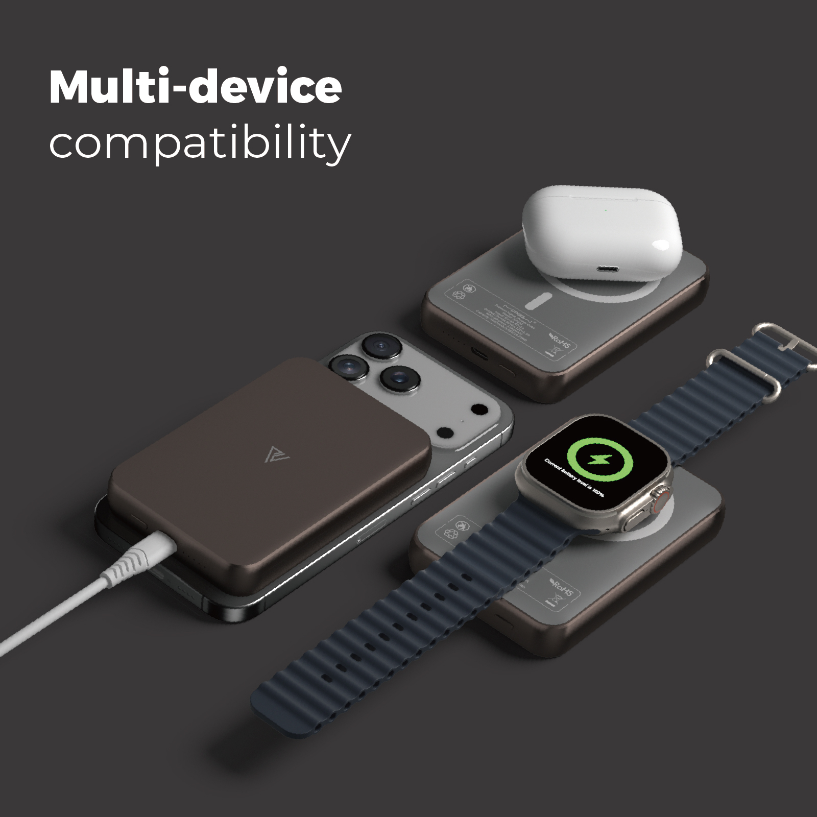 Pin dự phòng quyền lực POWERCUBE by MIPOW (USA) 3-in-1 Ultra-Slim MagSafe (10000mAh) – Chứng chỉ CCC (Tương thích Apple Watch/Airpods) – MX10