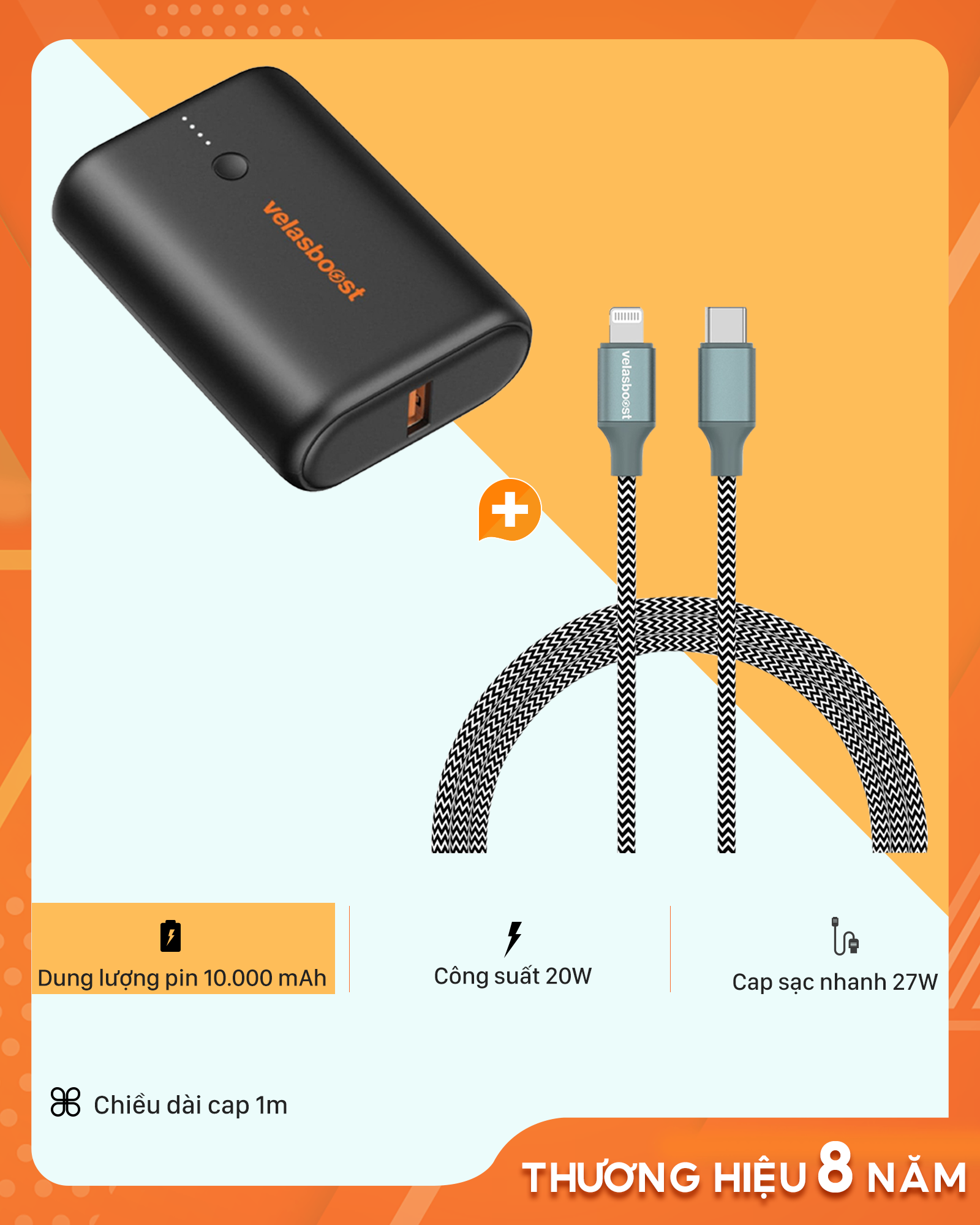 Combo PIN DỰ PHÒNG VELASBOOST DYNAMIC 1 (10K MAH) + CÁP SẠC NHANH C-L VELASBOOST BỌC DÙ FAST 27W (V2)