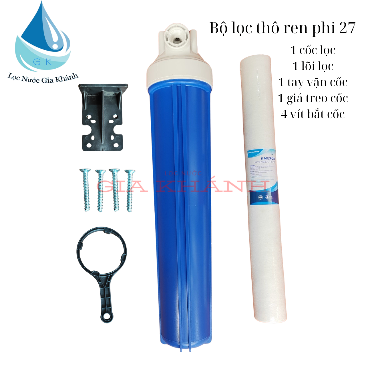Bộ cốc lọc thô 20 inch kèm lõi, giá treo