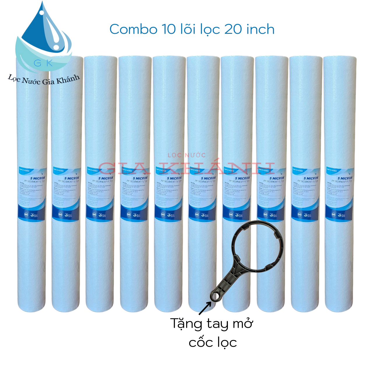 Combo 10 lõi lọc PP 20 inch tặng kèm tay mở cốc