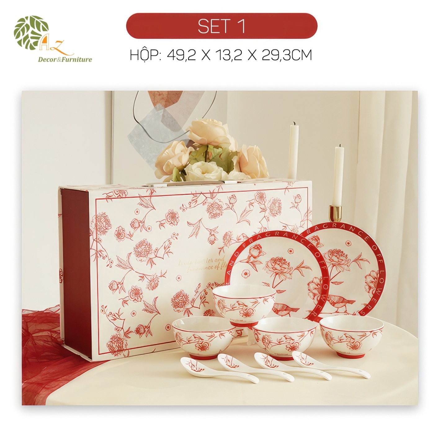 Set bát đĩa phong cách cổ điển đỏ (10 món)