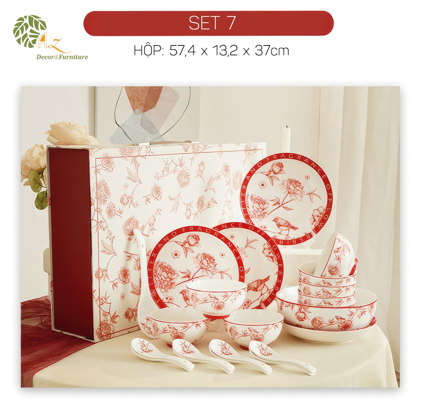 Set bát đĩa phong cách cổ điển đỏ (22 món)