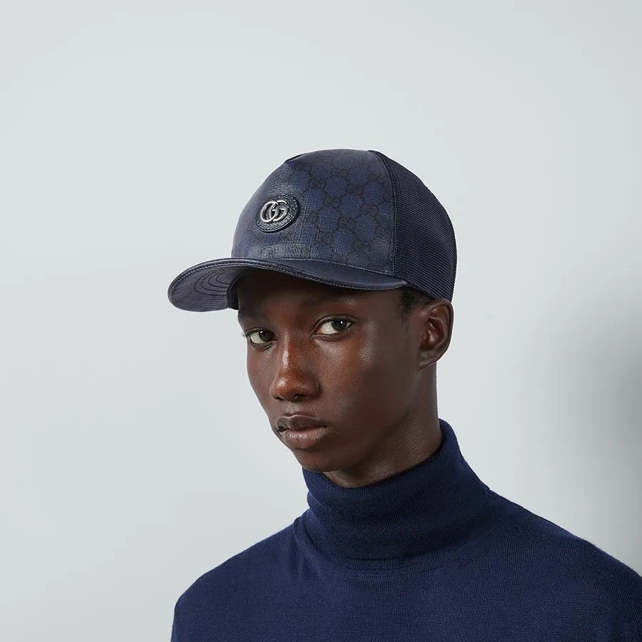 MŨ GUCCI NAVY LƯỚI LOGO BẠC 733927 4HAXN 8468