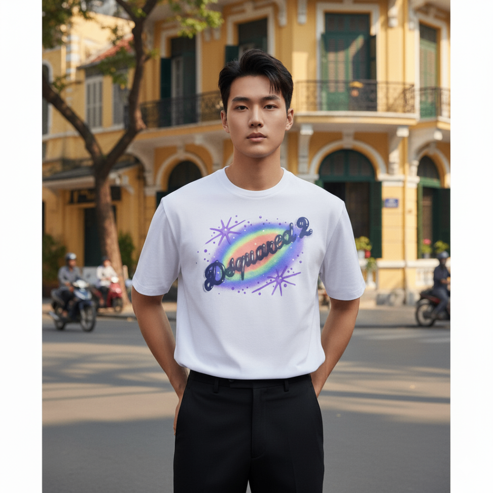 ÁO PHÔNG DSQUARED2 TRẮNG CHỮ NHIỀU MÀU S71GD1384 D20020 100