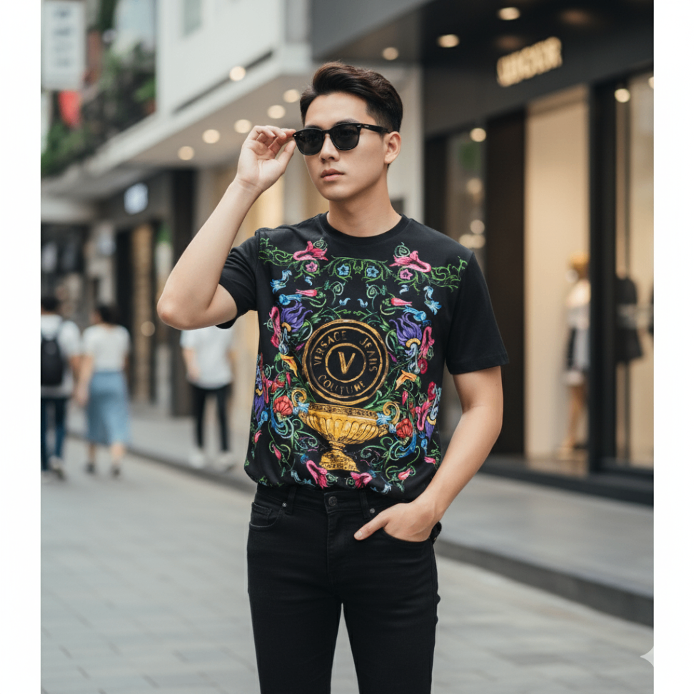 ÁO PHÔNG VERSACE ĐEN HỌA TIẾT HOA HỒNG 74GAH6SGJS174G89