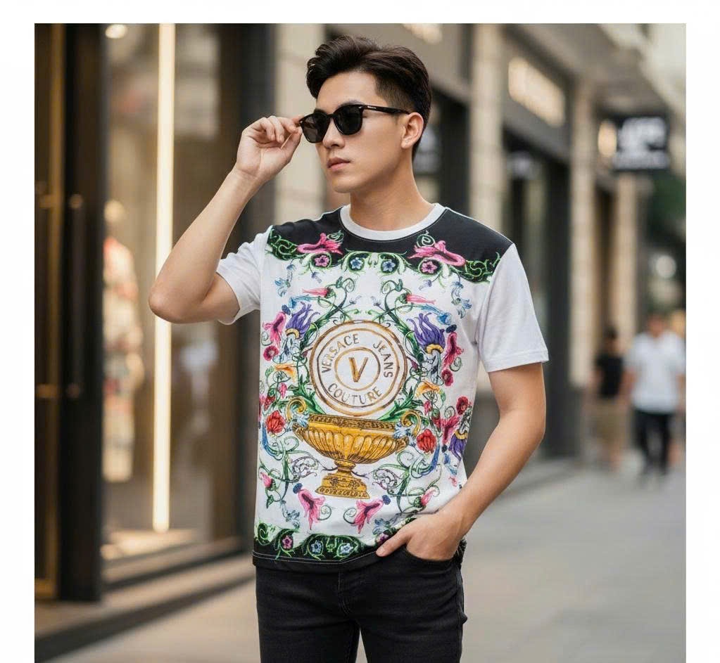 ÁO PHÔNG VERSACE TRẮNG HỌA TIẾT HOA HỒNG 74GAH6SGJS174G03
