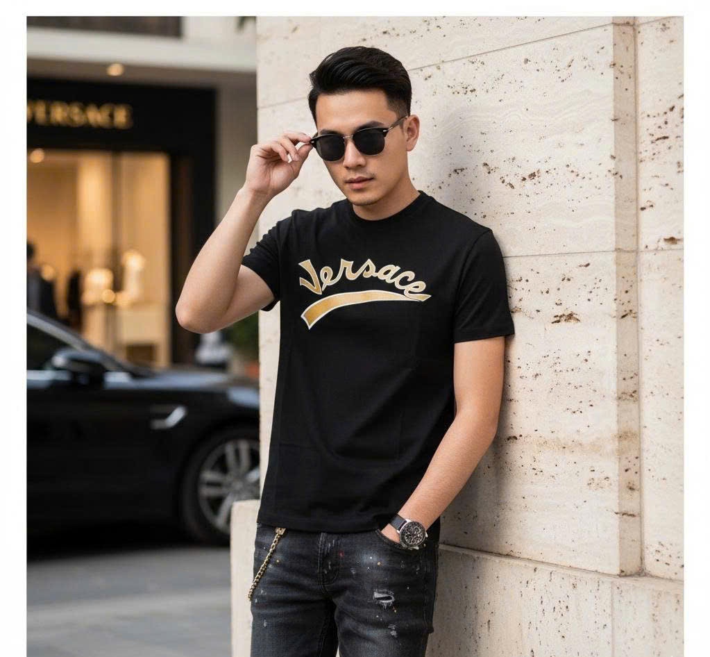 ÁO PHÔNG VERSACE ĐEN CHỮ VÀNG NGỰC A87082S A232949