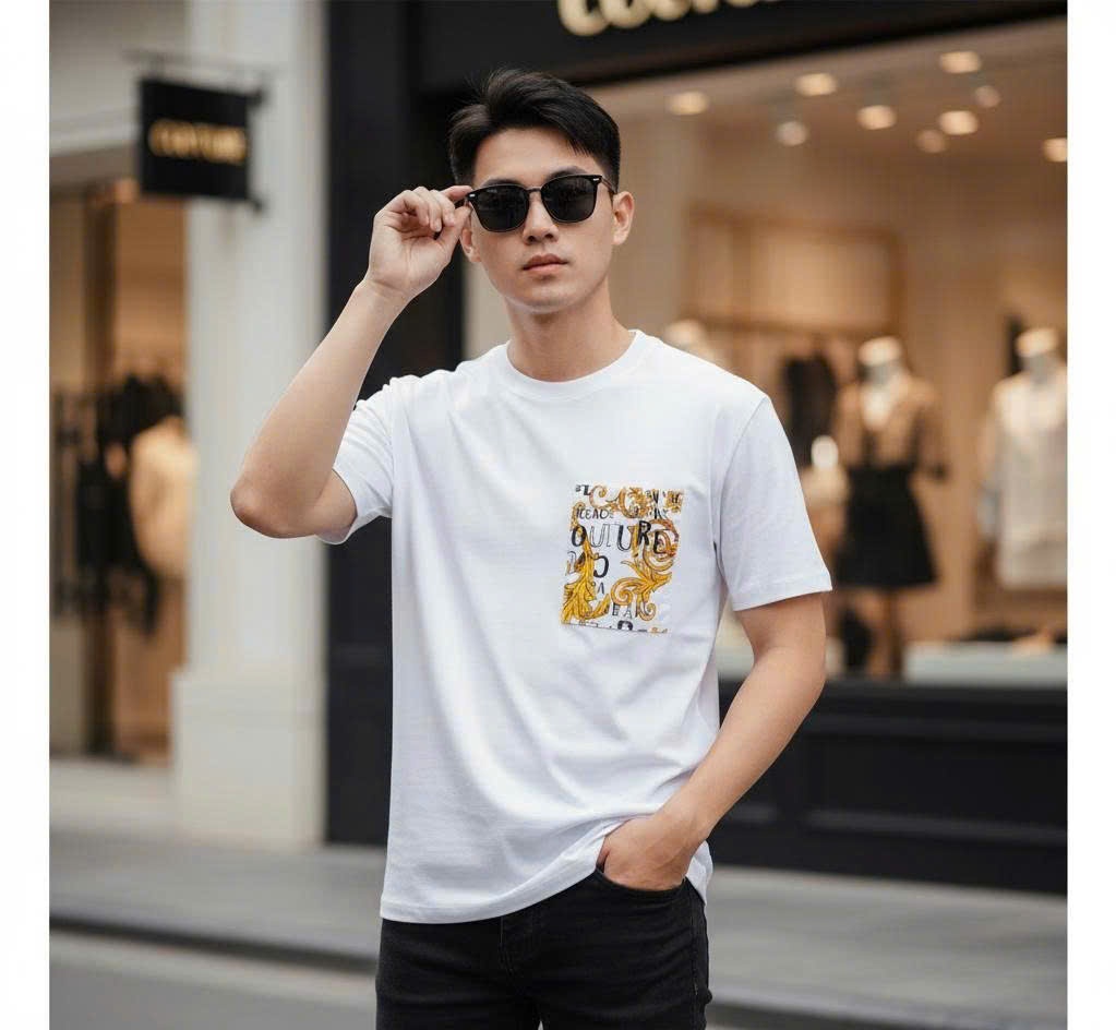 ÁO PHÔNG VERSACE TRẮNG TÚI NGỰC HỌA TIẾT VÀNG 74GAH6R0JS161G03