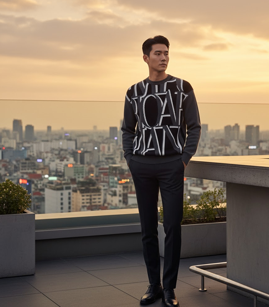 ÁO LEN EMPORIO ARMANI ĐEN NHIỀU CHỮ 6L1MXW 1MCPZ F535