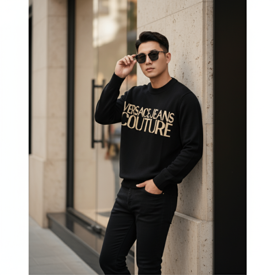 ÁO LEN VERSACE ĐEN CHỮ VÀNG 77GAFM01 CMH80