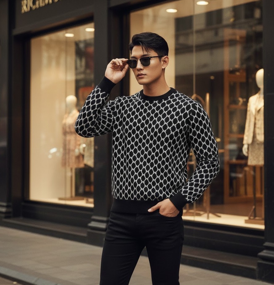 ÁO LEN RICHMOND ĐEN KẺ TRẮNG UMA24028MA