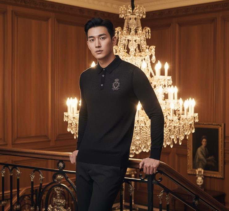POLO DOLCE ĐEN DÀI TAY LOGO THÊU VƯƠNG MIỆN LEN CASHMER GX619Z JAWOM N0000