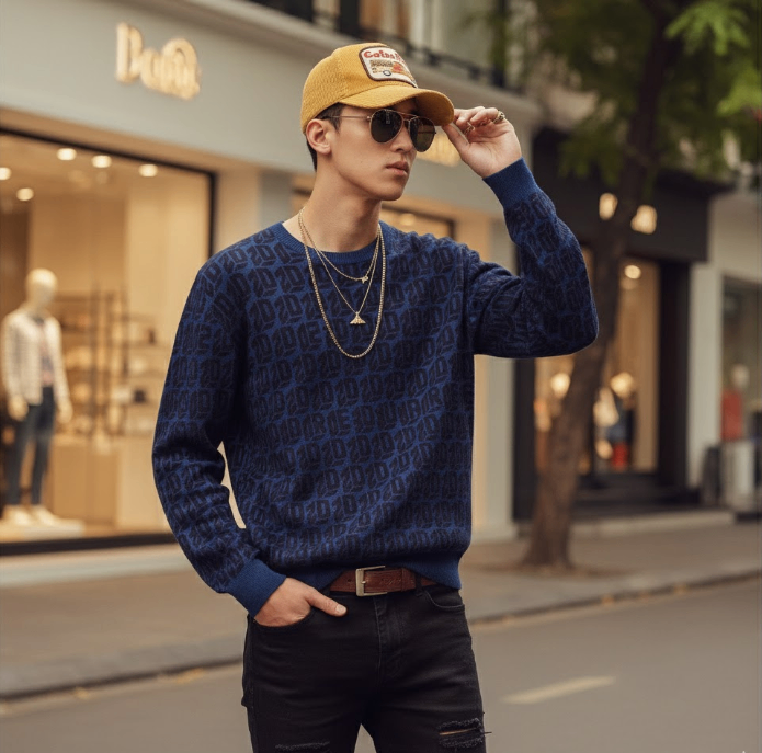 ÁO LEN DSQUARED2 NAVY NHIỀU CHỮ S74HA1273S18042961