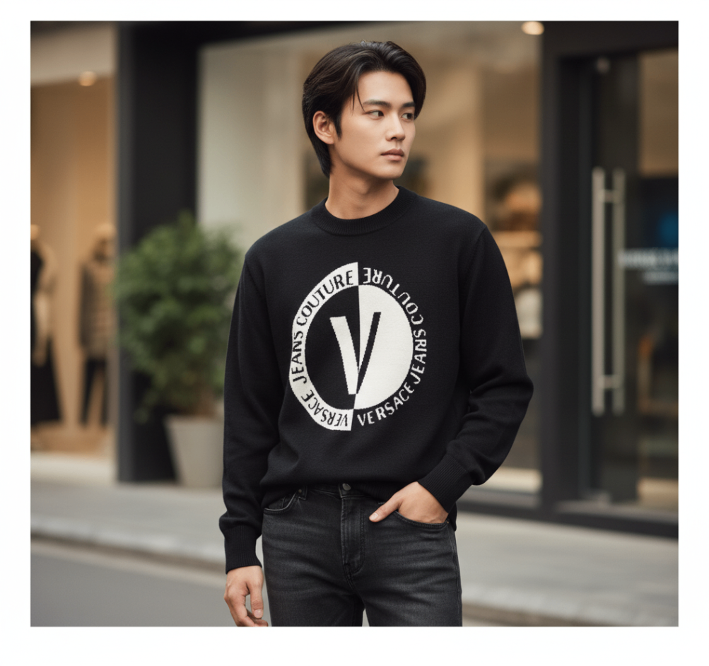 ÁO LEN VERSACE ĐEN CHỮ TRẮNG 74GAFM02 CM06H Z85