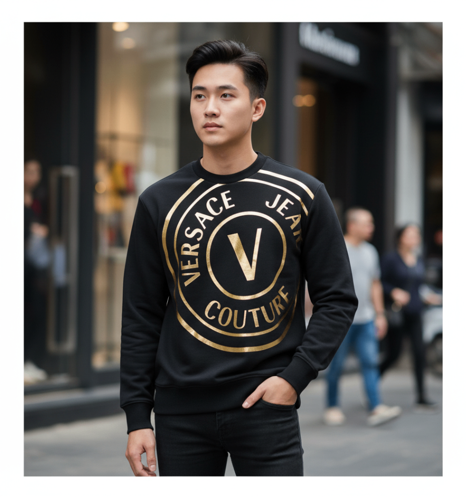ÁO NỈ VERSACE ĐEN CHỮ VÀNG 72GAIT16 CF01O G89