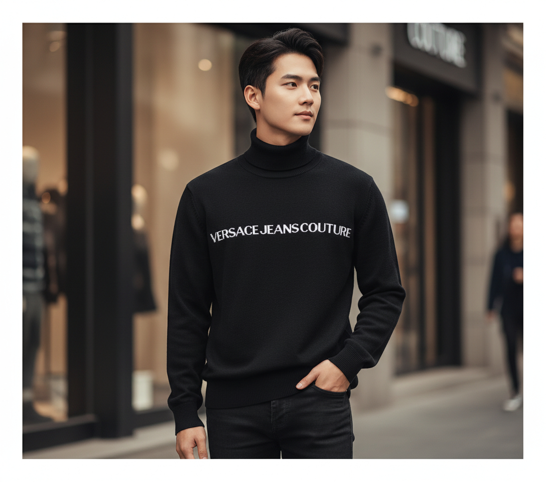 ÁO LEN VERSACE CỔ CAO ĐEN CHỮ TRẮNG 75GAFM07 CM06H A0E