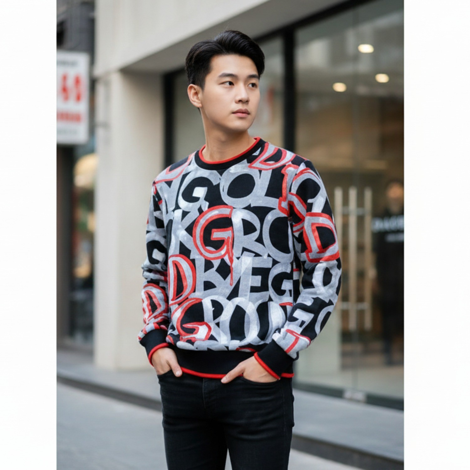 ÁO LEN DOLCE ĐEN NHIỀU CHỮ G9JV8T HH7DL HNW42