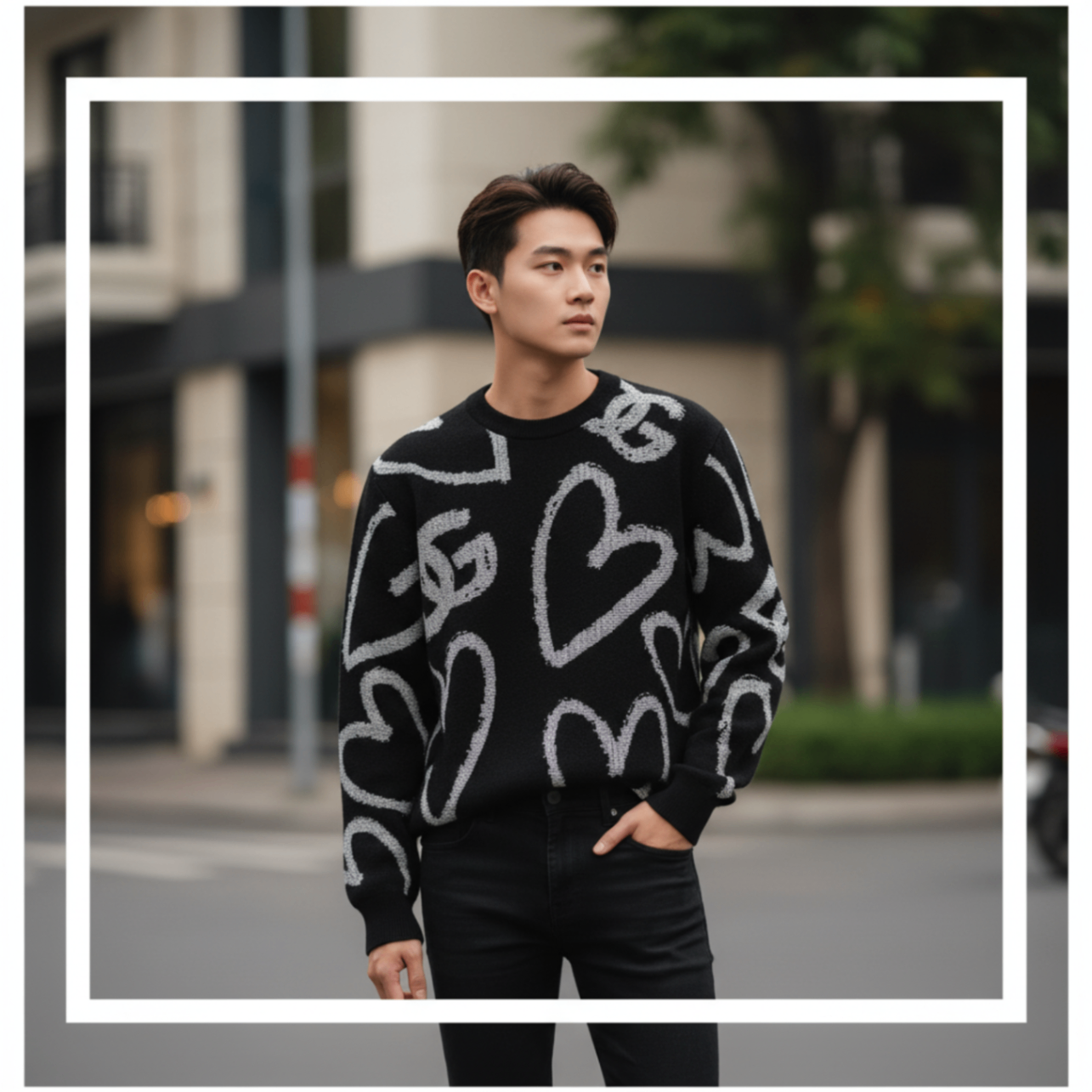 ÁO LEN DOLCE ĐEN NHIỀU TRÁI TIM GXN36TJEMI5S9000