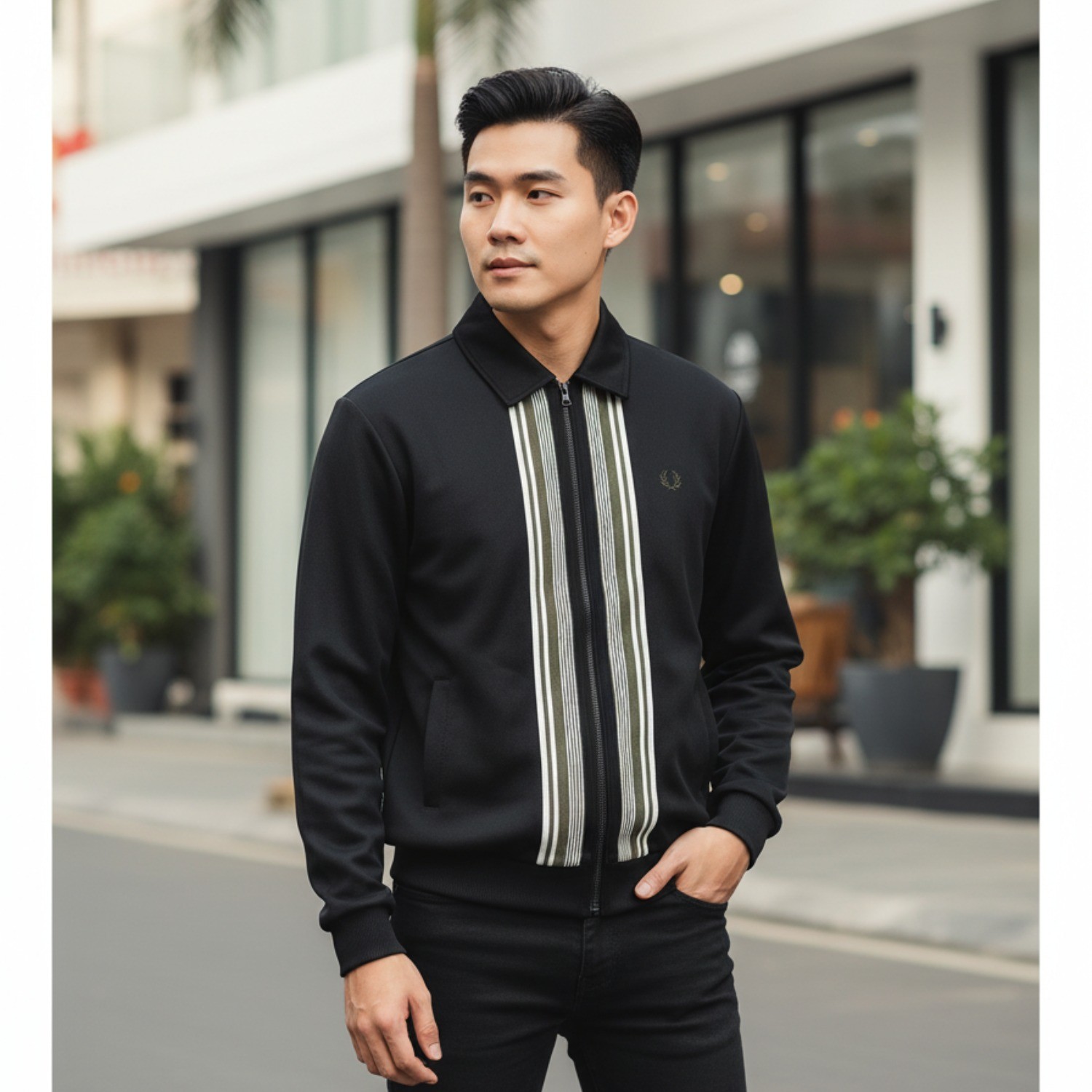 ÁO KHOÁC FRED PERRY ĐEN SỌC TRẮNG 0102065048A22004