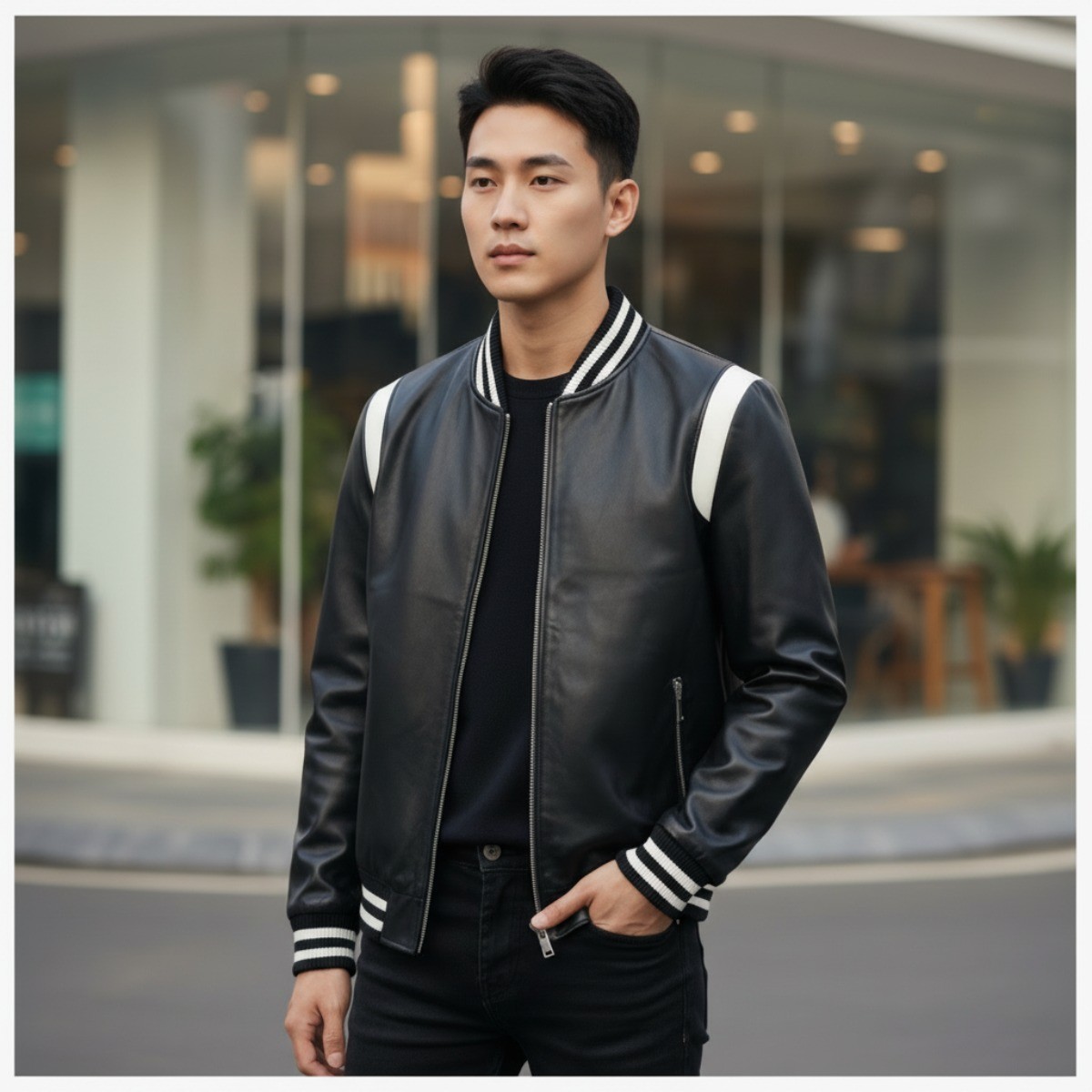 ÁO KHOÁC DA BOLONGARO TREVOR ĐEN KẺ TRẮNG BT122T00E-Q11