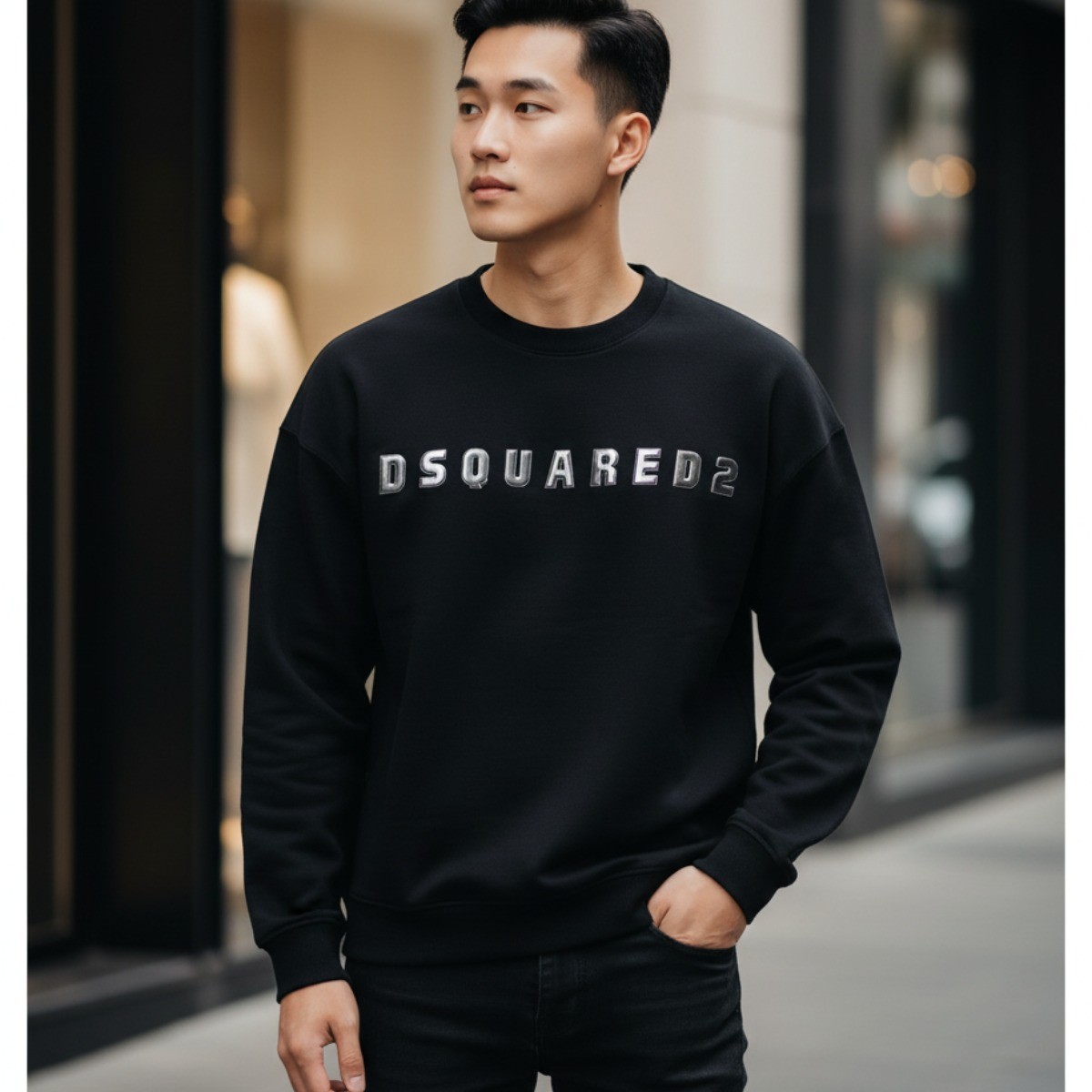 ÁO NỈ DSQUARED2 ĐEN CHỨ TRẮNG DQ245M000048900000M