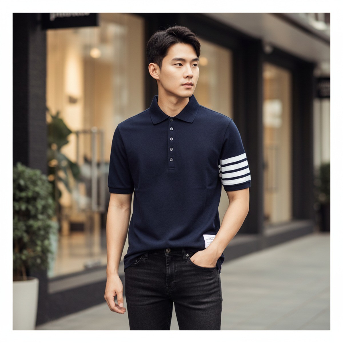 POLO THOM BROWNE NAVY KÉ TAY MJP136G/07976 415