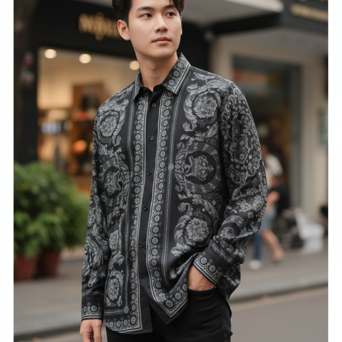SƠ MI VERSACE ĐEN HOA VĂN 1008574 1A09757 5BC10